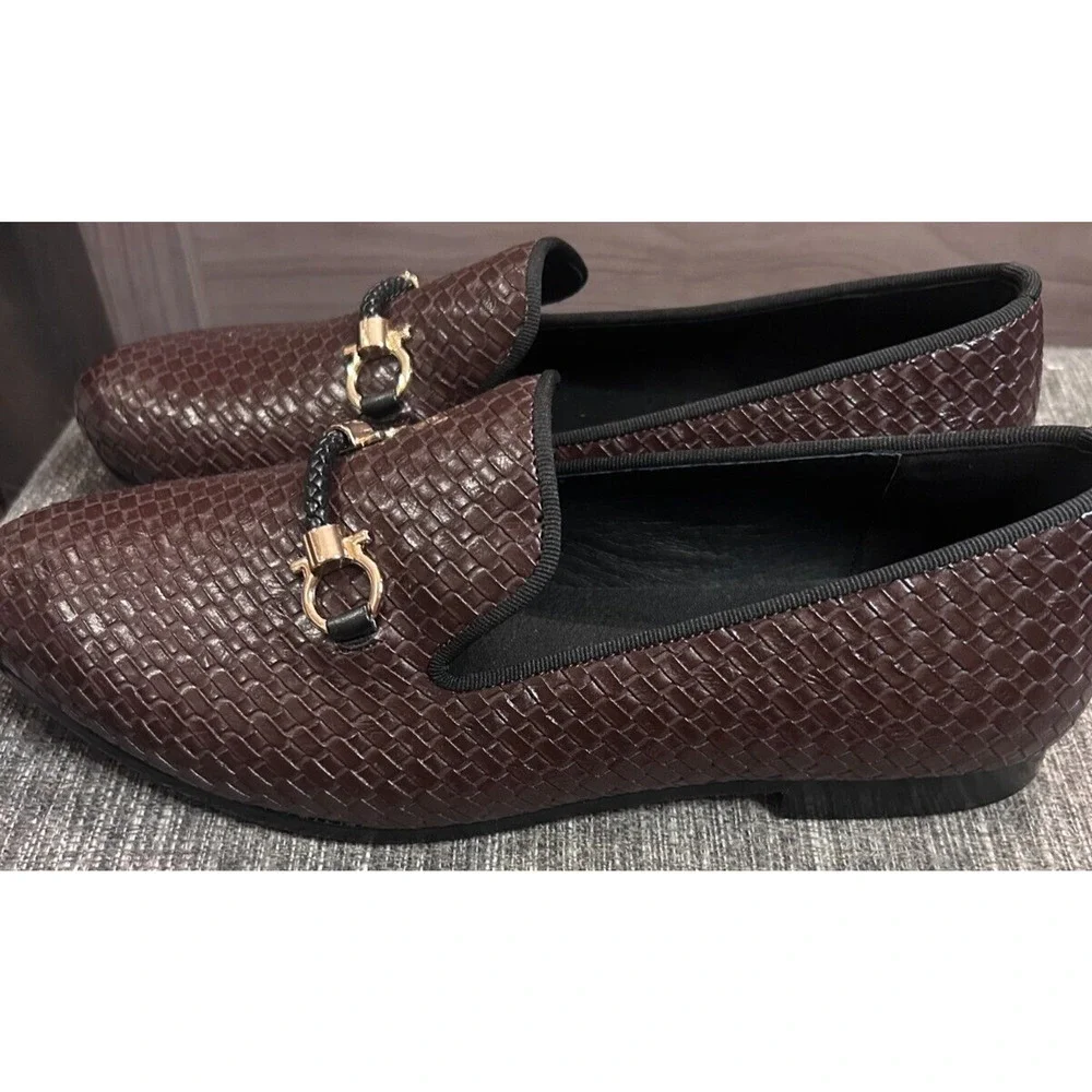 Harpelunde Men Handmade Dress Shoes Buckle Strap Woven Leather Loafers 8.5